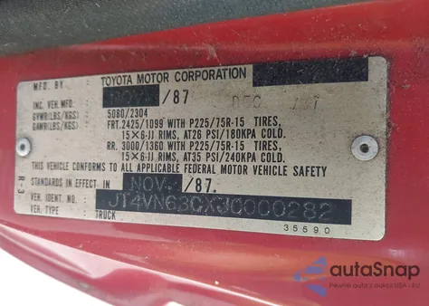 1988 Toyota Pickup Short Bed Vn63 z USA, uszkodzony, nr VIN JT4VN63CXJ0000282